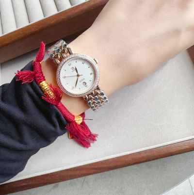 Omega Imported Movement 27MM Diamond Bezel Silver/Rose Gold/Two-tone Strap Lady Watch